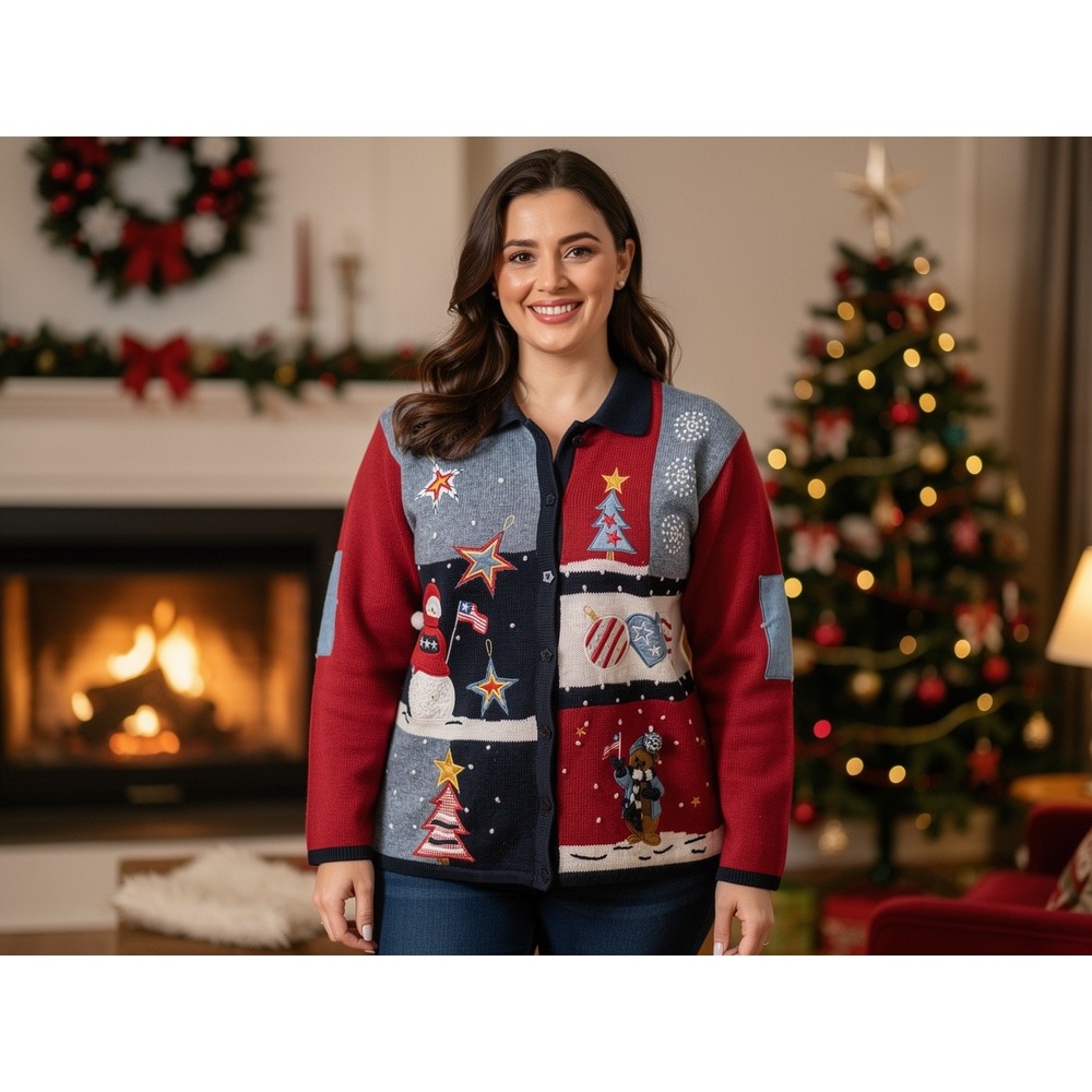 VNT Karen Scott Sport Ugly Christmas Sweater button up, cute knit, casual‎ cozy